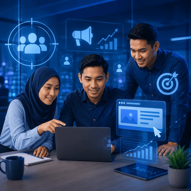 Malaysian marketing team reviewing Google Ads performance dashboards and audience targeting on a laptop