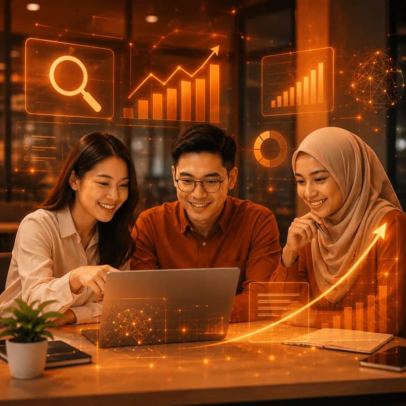 Malaysian team analysing SEO and search-engine data on a laptop with traffic and ranking graphs overlaid